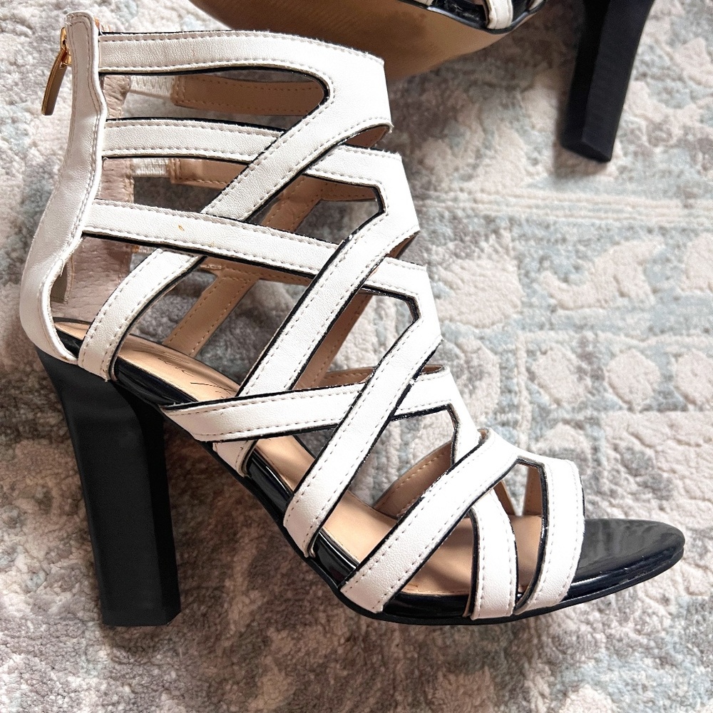 Marc Fisher Leana Caged Black and White Sandal Heels 7.5